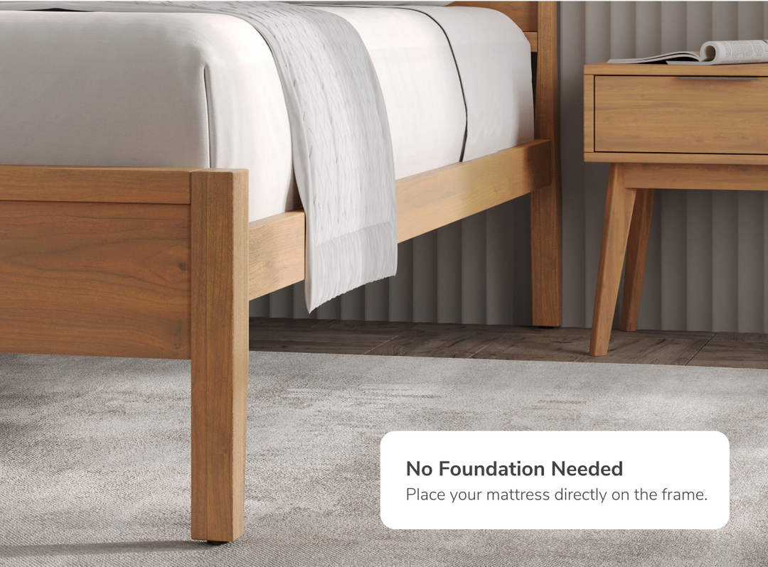 An image of the Ludlow Bed Frame with a callout that no foundation or additional support is needed