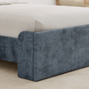 A closeup image of the Astor Bed Frame in the Blue color showing its upholstered fabric