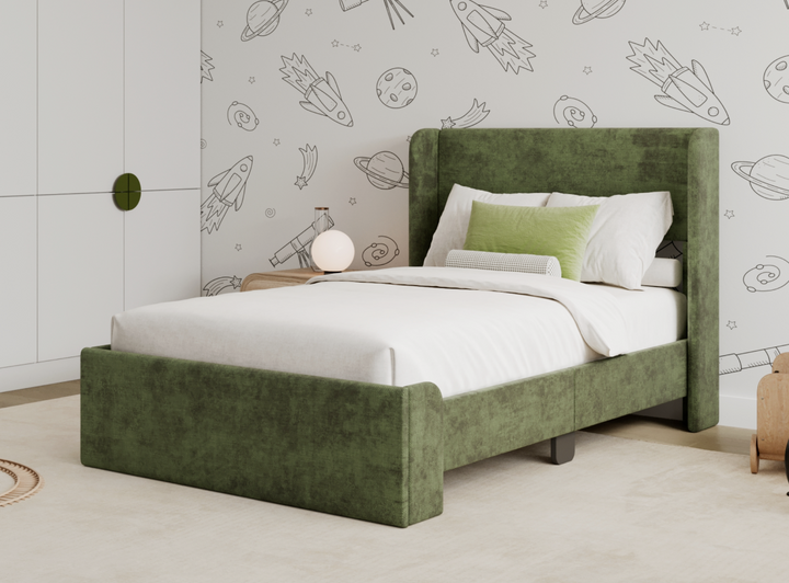 A lifestyle image of the Astor Bed Frame in the Green color