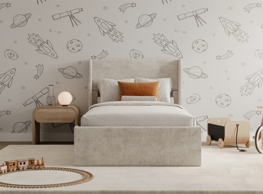 A lifestyle image of the Astor Bed Frame in the Cream color